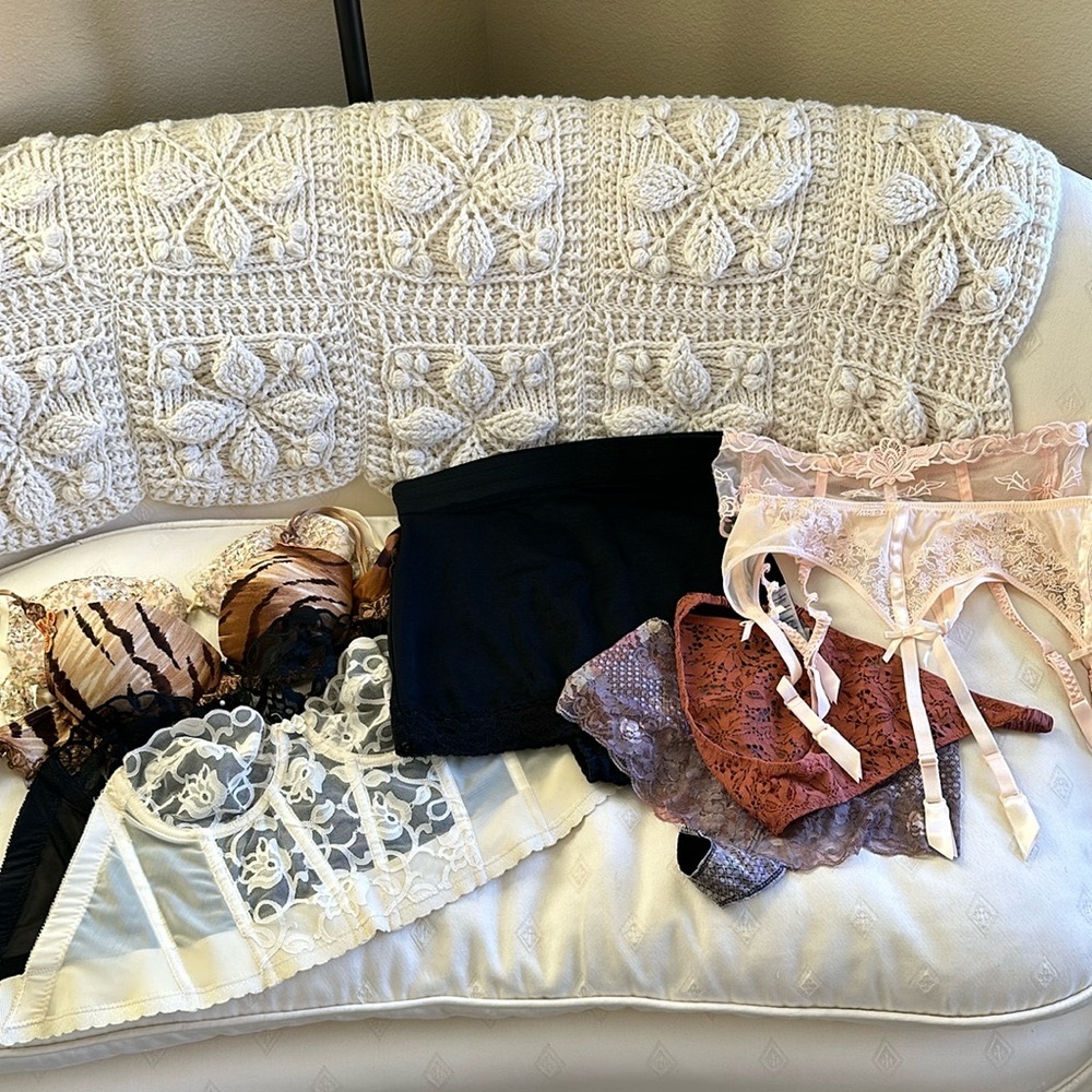 Vintage lace lingerie set with 2 corsets, 2 garter belts and more